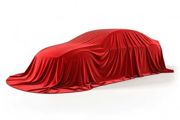Covered car silhouette under red cloth, smooth fabric drape, isolated on white background. 3D Rendering concept of vehicle reveal or auto launch
