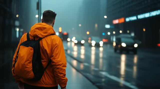 A quiet, melancholic man in an orange jacket walks down a foggy city street, the glowing streetlights barely illuminating his downcast face