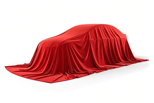 Covered car silhouette under red cloth, smooth fabric drape, isolated on white background. 3D Rendering concept of vehicle reveal or auto launch