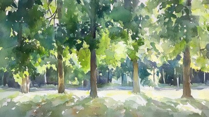 Fototapeta premium SunDappled Woods Verdant trees in dappled sunlight painting a serene landscape with a sense of depth and calm