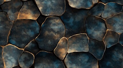 Dark Blue and Gold Stone Mosaic Texture: A Detailed View of an Irregular Mosaic Pattern Composed of Dark Blue and Grey Stones with Golden Highlights Accentuating the Edges and Crevices.