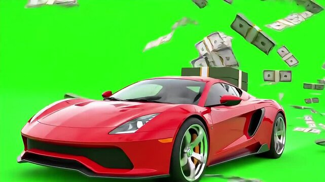 Red Supercar with Flying Money and Green Screen Transparency