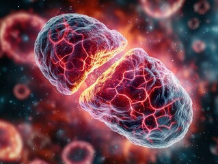 Neon cyberpunkstyle artwork of mitochondria splitting inside a hightech futuristic cell