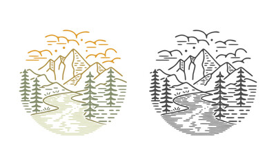 set monoline mountain line art vector logo. mountain tree and nature, suitable for adventurer or nature lover