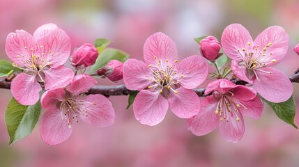 Naklejka premium Pink flowers blooming on a branch with a blurred background.