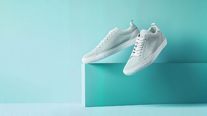 Two sneakers floating mid-air against pastel background, dynamic composition with space for &ldquo;Buy 1 Get 1&rdquo; , Sneaker Sale (Urban/Youth-oriented)