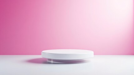 White Circular Platform Minimalist Product Display, High-resolution Soft Lighting, Front Center Shot, Clean Surface, Empty Showcase, Pink Wall, Soft Rose Hues, Ideal for Mockups