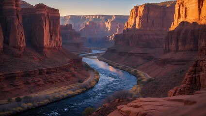 Flowing River Carving Through Red Rock Canyon at Sunset