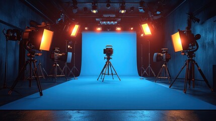 Camera on tripod in studio with blue screen and lights