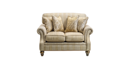 Elegant Loveseat with Patterned Throw Pillows in a Well Lit Room