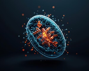 Scientific illustration of mitochondrial fission and fusion processes in a dividing cell