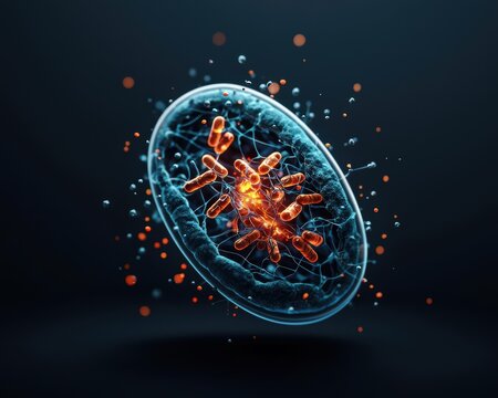 Scientific illustration of mitochondrial fission and fusion processes in a dividing cell