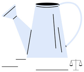 Light blue watering can pouring growth with balance scale symbolizing justice, harmony, and responsibility. Ideal for sustainability, equality, growth, eco-consciousness, legal principles, fairness
