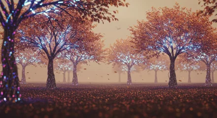 Fototapete Quantum Grove Whispering Knowledge - A serene forest of glowing trees, each a living AI, symbolizing wisdom, technology, nature, interconnectedness, and the future © LittleDuck