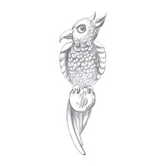 Funny illustration of a money bird Billy-bucks. Isolated pencil illustration of a bird with a coin in its paws, bringing income and well-being.