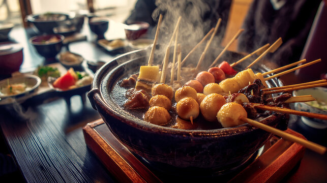 Kiritanpo hot pot thick rice skewers in bubbling bro