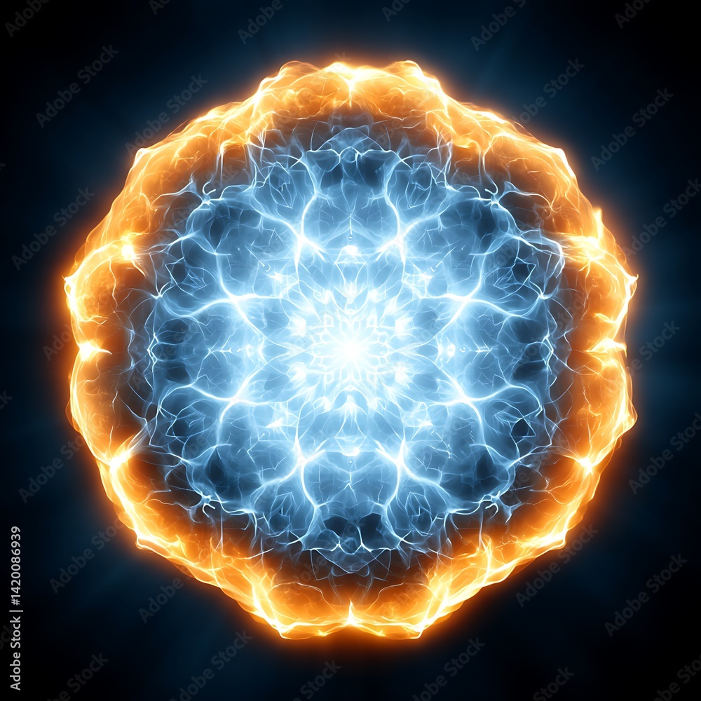Wall mural dynamic energy orb with electric discharge effect and fiery outer glow cosmic power abstract visual.