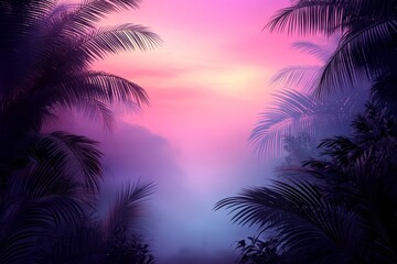 A dark and vibrant jungle scene at night is brought to life by lush tropical foliage and neon lights