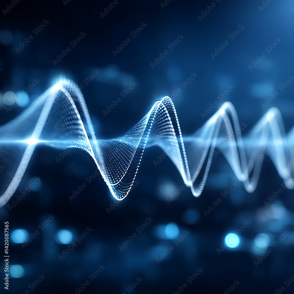 Poster dynamic wave pattern with glowing particles in abstract blue background visualization of sound