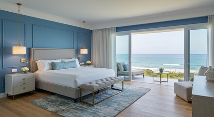Beachfront King Suite Ocean View Balcony - Luxurious beachfront bedroom, king-size bed, private balcony, ocean view, serene escape. Symbolizing relaxation, luxury, tranquility, escape