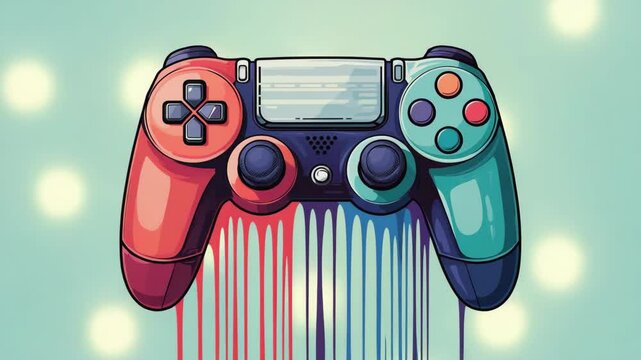 Vibrant digital gamepad art with colorful dripping paint, gaming controller graphic design for entertainment, joystick with dripping paint effect.