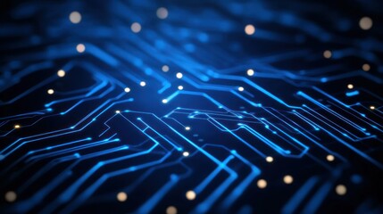 Blue lit circuit board with interconnected digital pathways is shown