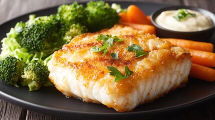 Crispy fried fish steak served with tartar sauce, steamed broccoli