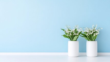 Two potted lilies against a light blue wall