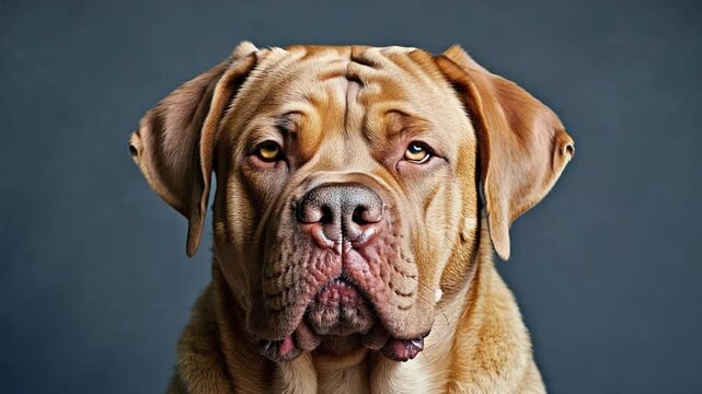 Close-up portrait of a large brown dog, with wrinkled face and droopy ears, looking directly at the viewer against a gray background.