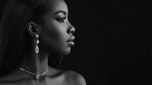 Elegant portrait of a young African woman with dark skin wearing fine jewelry against a black backdrop in monochrome.