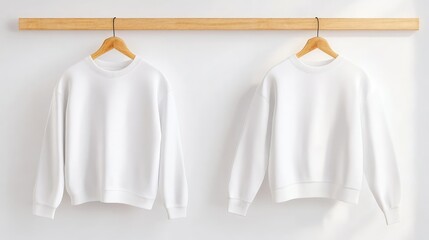 White sweatshirt mockup with front and back hanging on wooden hangers, isolated for branding and print display