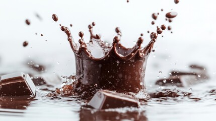 Fototapeta premium In a studio setting with controlled light, a close-up shot captures the splashing of chocolate with droplets on a white background
