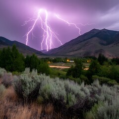 Electric Spectacle Over Valley A Landscape Displaying Nature s Force in a Dramatic Lightning Storm.