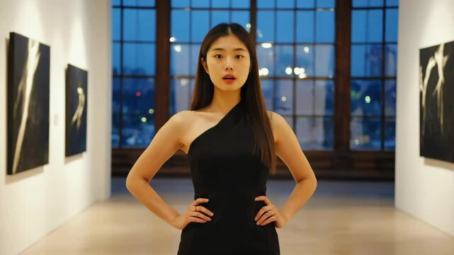 Elegant Asian woman in black dress poses in modern art gallery with abstract paintings and large windows during twilight hours.