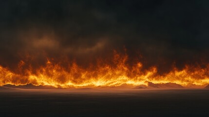 Burning flames erupt across a barren and desolate landscape horizon
