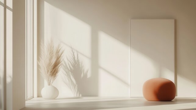 Ambiente minimalista, tons claros, parede branca, Moldura, triptico, de p&Atilde;&acute;ster mockup para quadros finear.
