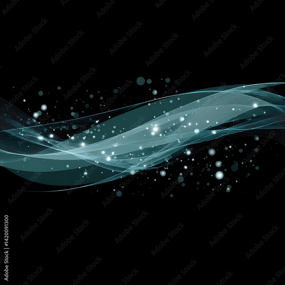 Poster elegant abstract wave of light with sparkling dots on black backdrop for digital design concepts.