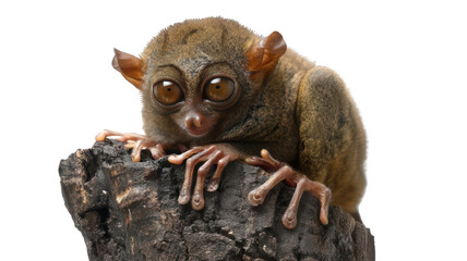 Realistic Philippine Tarsier on Tree Stump Transparent Background