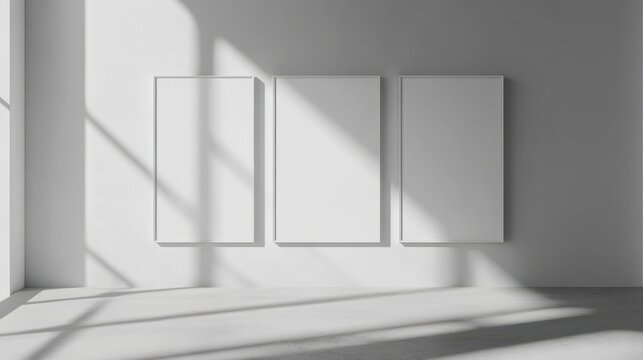 Ambiente minimalista, tons claros, parede branca, Moldura, triptico, de p&Atilde;&acute;ster mockup para quadros fineart.