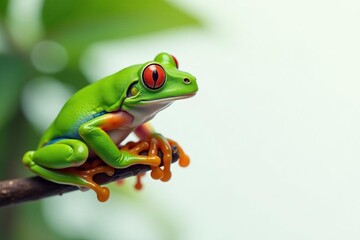 Naklejka premium Green tree frog perched on white, vibrant colors, green, reptile, color