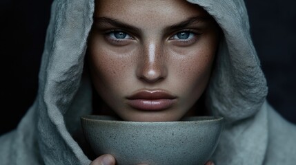 Fototapeta premium Woman in hooded robe holding a bowl, intense gaze