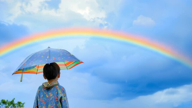 虹の下で傘を差す少年の後ろ姿