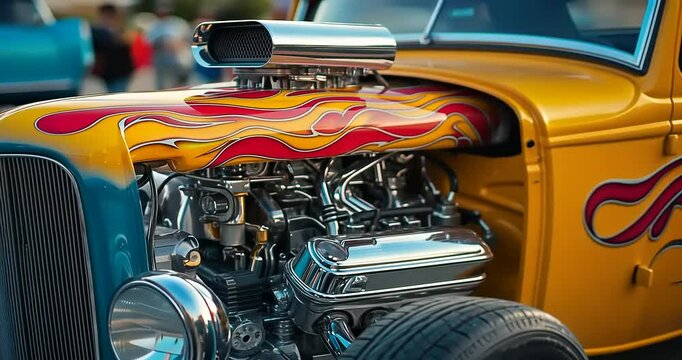 Classic hot rod with flames, showcasing a powerful engine at a car show event
