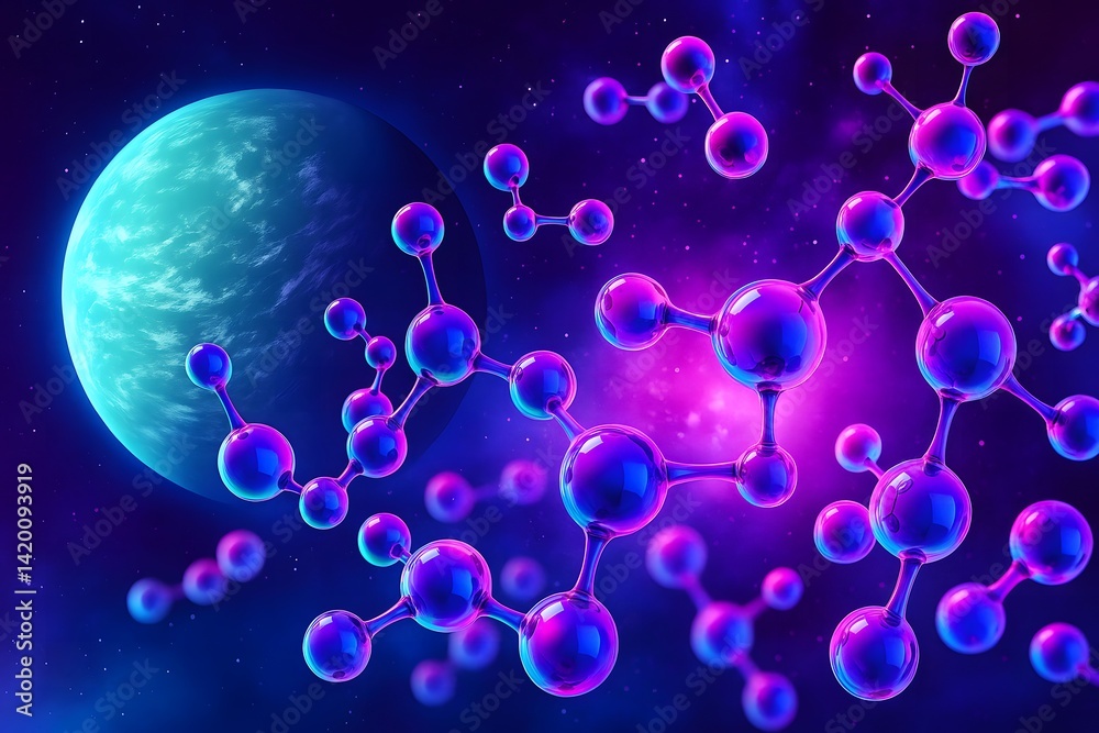 Wall mural futuristic molecules float in deep space with a distant planet in the background. sci-fi themed digi