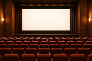 Fototapeta premium Empty cinema hall with red seats and large blank screen. Interior view of a modern movie theater before a film starts. Perfect for entertainment or presentation themes.