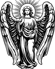Obraz premium Mythical and fantasy-inspired tattoo art in detailed SVG vector style. Elegant Angel Illustration with Wings and Halo in Black and White