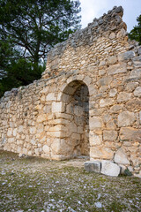 Remains of gymnasium in acnient Lycian city Arycanda. Ancient city on mountain near Aykiricay village.Well preserved semi circular theater of Arycanda, ancient Lycian city in Antalya	