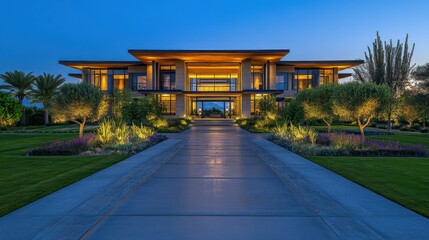 A modern home showcases elegance and architectural design details at dusk