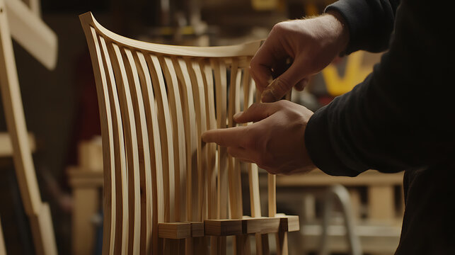 Carpenter assembling wooden furniture pieces in a workshop. Featuring craftsmanship and focus