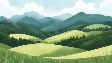 Verdant vista hills mountains and sky unite in tranquil splendor